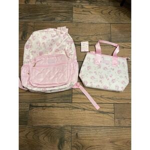 LoveShackFancy x Yoobi Pink Floral Rose Backpack Gold Bow Zippers NWT